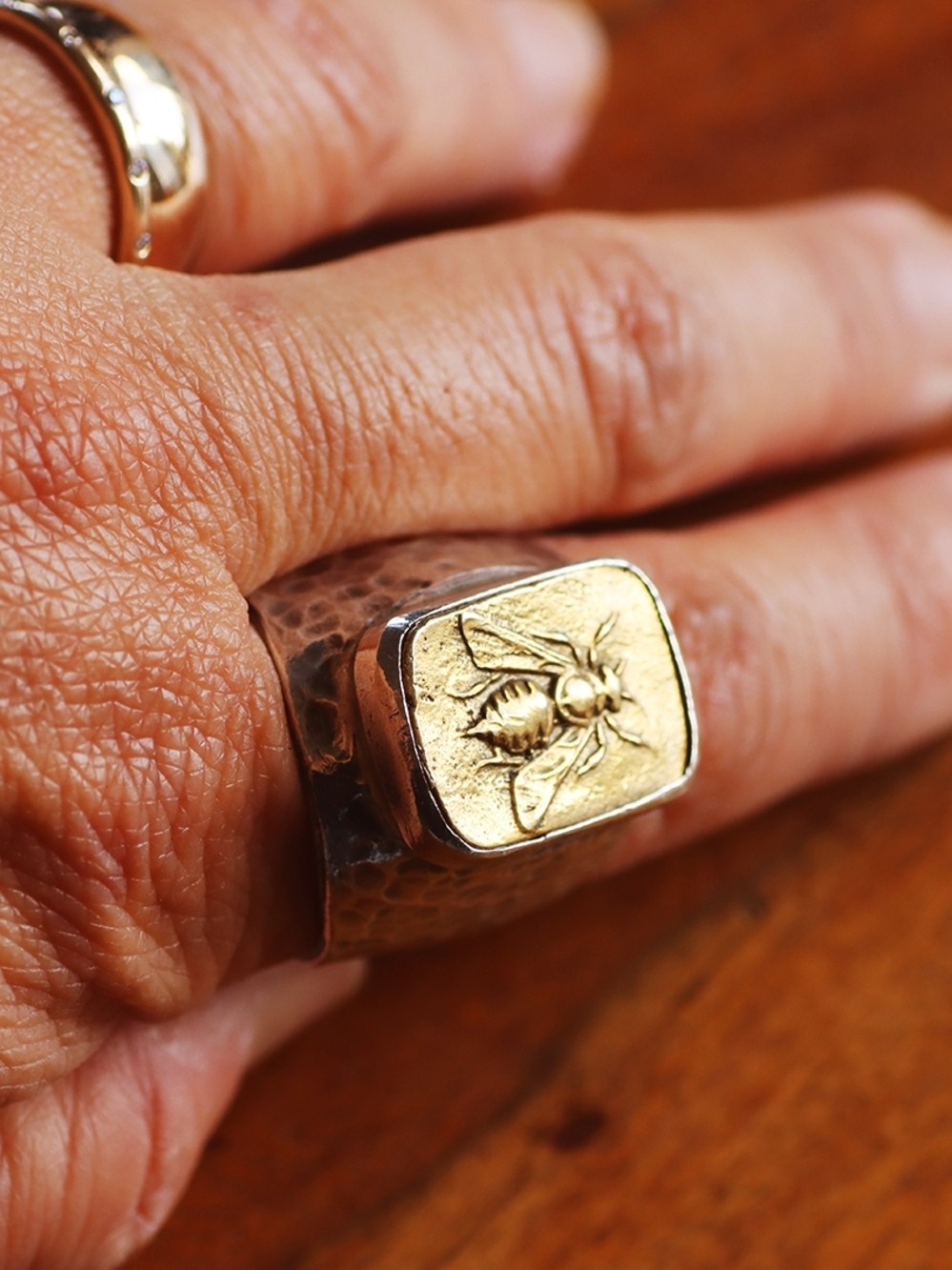 Men's Or Women's Two-Tone Bee Signet Ring - 24k Gold & Sterling Silver